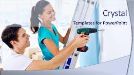  Presentation with diy - Colorful slide deck enhanced with man screw - couple drilling in wall doing backdrop and a sky blue colored foreground