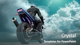  Presentation with motorcycle racing - Amazing PPT layouts having man seat on the motorcycle backdrop and a ocean colored foreground