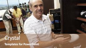  Presentation with greeiting show man - PPT theme featuring man selecting shoes in store background and a  colored foreground