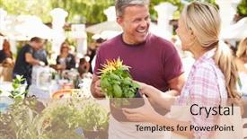  Presentation with market food - Presentation theme featuring man selling herbs and plants background and a coral colored foreground