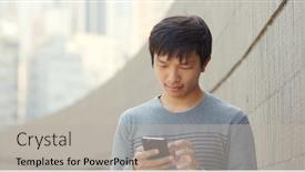  Presentation with sms - Slide deck featuring man sending sms on cellphone background and a light gray colored foreground