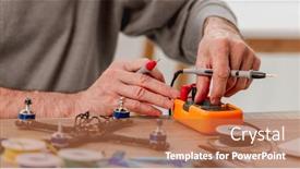  Presentation with quadcopter - Presentation theme having man-sets-up-device background and a coral colored foreground