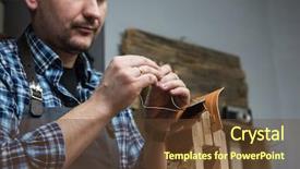  Presentation with leather craft - Beautiful PPT theme featuring man sewing leather wallet backdrop and a tawny brown colored foreground