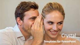  Presentation with intern sharing experence - Presentation enhanced with man sharing secret with female background and a  colored foreground