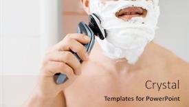  Presentation with razor - Audience pleasing PPT theme consisting of man-shaves-his-foamed-beard backdrop and a coral colored foreground