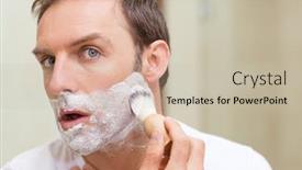 Presentation with shaving - Beautiful presentation theme featuring aftershave - man shaving in the bathroom backdrop and a mint green colored foreground
