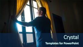  Presentation with greeiting show man - PPT theme with man shot against the light background and a navy blue colored foreground