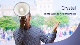  Presentation with special education young adult man - Audience pleasing presentation theme consisting of man shouting on megaphone outdoor backdrop and a  colored foreground