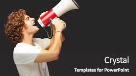  Presentation with young man on the phone - Slide set featuring man shouting with a megaphone background and a dark gray colored foreground