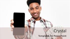  Presentation with man holding phone - Slides having man showing blank screen mobile background and a mint green colored foreground