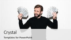  Presentation with happy sad face man - Beautiful theme featuring man showing bunch of money backdrop and a white colored foreground