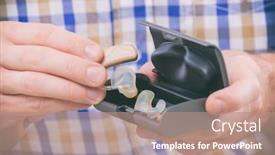  Presentation with aid - PPT theme enhanced with man-showing-deaf-aid background and a coral colored foreground