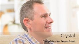  Presentation with aid - Beautiful presentation design featuring man showing deaf aid backdrop and a coral colored foreground