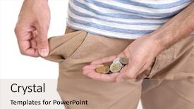  Presentation with empty - Slide deck featuring man showing his empty pocket background and a coral colored foreground