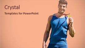  Presentation with medal - Amazing PPT theme having man showing medal against orange backdrop and a  colored foreground