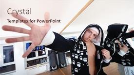  Presentation with man heart attact hand hold - Presentation theme enhanced with man-showing-open-hand background and a sky blue colored foreground