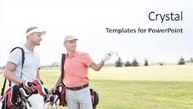 Presentation with course - Slide set featuring man showing something to friend at golf course against clear sky background and a white colored foreground