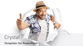  Presentation with paper - PPT layouts with man-showing-thumbs-up-through and a light gray colored foreground