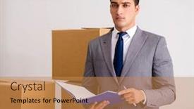  Presentation with boxes - Colorful presentation design enhanced with man-signing-for-the-delivery backdrop and a coral colored foreground