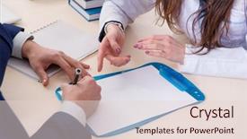  Presentation with cargo insurance man and passenger - Presentation theme enhanced with man signing medical insurance contract background and a lemonade colored foreground