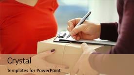  Presentation with disciplined agile delivery - PPT theme featuring man signing receipt of delivery background and a coral colored foreground