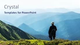  Presentation with travel concept silhouette - Colorful presentation theme enhanced with man-silhouette-on-foggy-mountains backdrop and a sky blue colored foreground