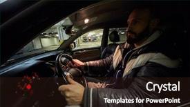  Presentation with car parking - Beautiful presentation theme featuring bearded man sits in modern car on driver seat at underground parking backdrop and a wine colored foreground