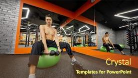  Presentation with gym ball - Theme with man sits on big inflatable finess ball holding dumbbells in hands in gym background and a tawny brown colored foreground