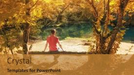  Presentation with tree river - PPT theme consisting of man sits on the branch of tree near river at auntumn forest nature landscape scene background and a gold colored foreground