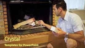  Presentation with police car flashing roof lights - PPT theme featuring man sits squatted in front of fireplace in room and lights woods with big match background and a tawny brown colored foreground