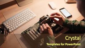  Presentation with motherboard - Cool new theme with man sitting and repairing motherboard backdrop and a tawny brown colored foreground