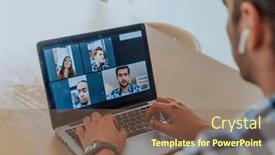  Presentation with chat - Presentation design enhanced with man-sitting-at-a-table background and a violet colored foreground