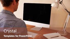  Presentation with home office - Colorful PPT layouts enhanced with man sitting at desk working at computer in home office backdrop and a tawny brown colored foreground