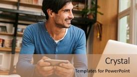  Presentation with human computer interaction mobile app - PPT theme consisting of man sitting at the library background and a  colored foreground