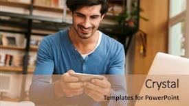  Presentation with human computer interaction mobile app - Slide deck with man sitting at the library background and a  colored foreground