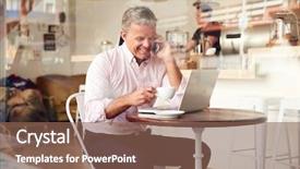  Presentation with 3d man sitting question mark - Slide set enhanced with man sitting in a cafe background and a violet colored foreground