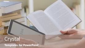  Presentation with library - Cool new slide deck with man-sitting-in-a-library backdrop and a coral colored foreground