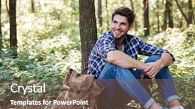  Presentation with 3d man sitting question mark - PPT layouts consisting of man sitting in forest near background and a violet colored foreground