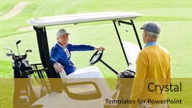  Presentation with standing sitting - Colorful presentation theme enhanced with man sitting in golf car backdrop and a gold colored foreground