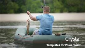  Presentation with boat river - Amazing PPT theme having fisher - man sitting in inflatable boat backdrop and a dark gray colored foreground