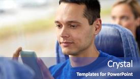  Presentation with bus train - Slide deck featuring man sitting in travel bus background and a  colored foreground