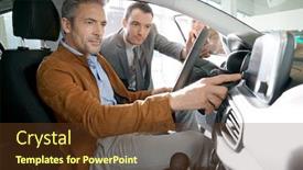  Presentation with dealership - Colorful PPT theme enhanced with man-sitting-inside-vehicle backdrop and a tawny brown colored foreground