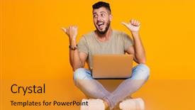  Presentation with rainbow over orad - Slide deck enhanced with man sitting isolated over orange background and a gold colored foreground