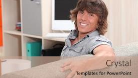  Presentation with smiling paramedic sitting in ambulance - Slide set enhanced with man-sitting-on-a-couch background and a coral colored foreground