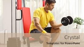  Presentation with machine - PPT theme with man-sitting-on-a-fitness background and a coral colored foreground