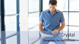  Presentation with office - Slides having man sitting on a stool background and a light blue colored foreground