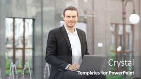  Presentation with man sitting bench - Amazing PPT theme having man sitting on bench outdoors and using laptop backdrop and a dark gray colored foreground