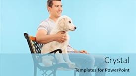  Presentation with man sitting bench - Presentation theme enhanced with man sitting on bench with a young dog on blue background background and a light blue colored foreground