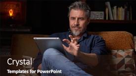  Presentation with home office - PPT theme having man-sitting-on-couch background and a wine colored foreground