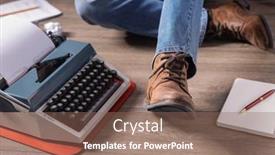  Presentation with creative thinking - PPT theme featuring man-sitting-on-floor-thinking background and a violet colored foreground